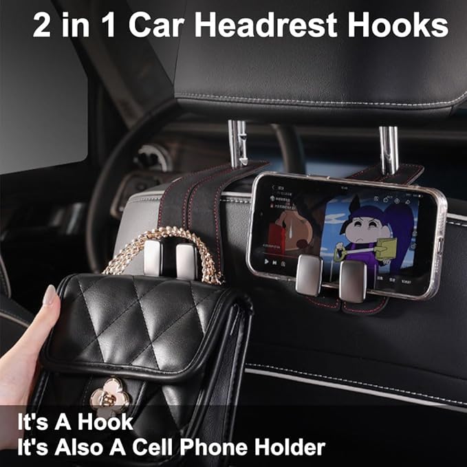SUNCARACCL 2 Pack Car Seat Headrest Hook, Car Purse Hook Car Hooks for Purses and Bags, Car Seat Back Storage Hook Double Hook Holder Car Organization Accessories(Black)