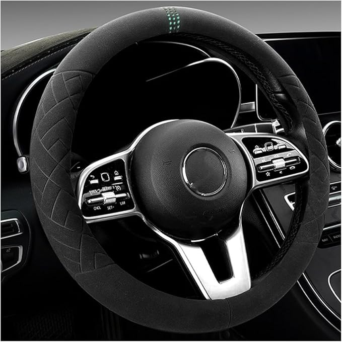 Car Suede Steering Wheel Cover, Non-Slip Protector for Auto Steering Wheel with Grid of The Correction Marker, Breathable Universal Automotive Accessories, Fitting 14.5-15 inch