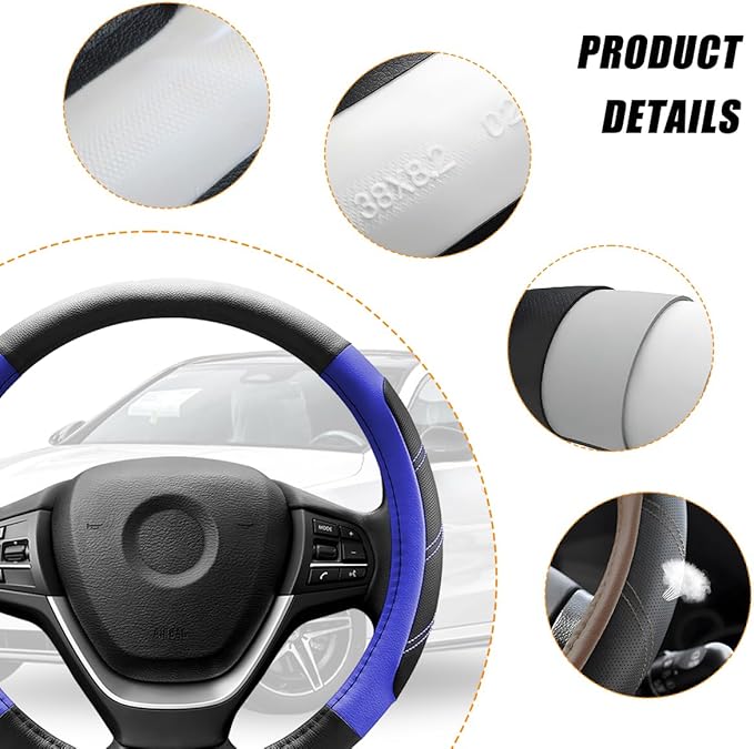 Car Steering Wheel Cover, 15 Inch Carbon Fiber Leather Non-Slip Steering Wheel Protector with Lining, Breathable Automotive Interior Accessories, Universal for SUV RV Truck (Blue)