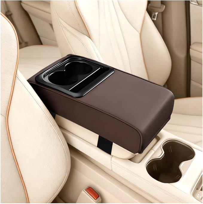 Car Center Console Armrest Pillow, Leather Vehicle Middle Console Protection Cushion with Cup & Phone Holder, Waterproof Automotive Arm Rest Box Cover Accessories, Universal Fit (Coffee)