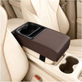 Car Center Console Armrest Pillow, Leather Vehicle Middle Console Protection Cushion with Cup & Phone Holder, Waterproof Automotive Arm Rest Box Cover Accessories, Universal Fit (Coffee)