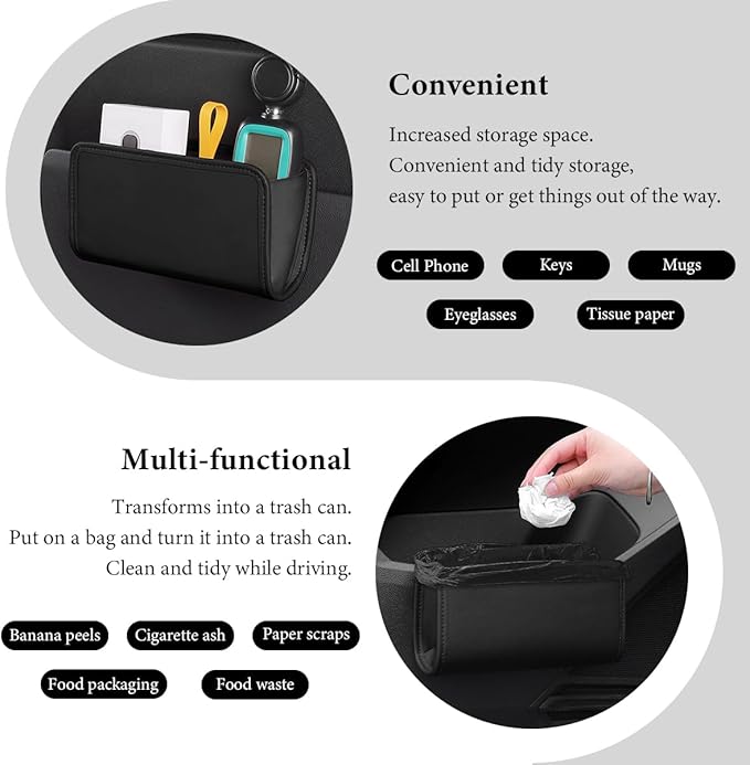Car Trash Can, Foldable Small Hanging Trash Bin Waterproof Car Door Organizer, Multi-Function Leather Garbage Bag Mini Storage Can for Vehicle Back Seat & Side Door (Black)