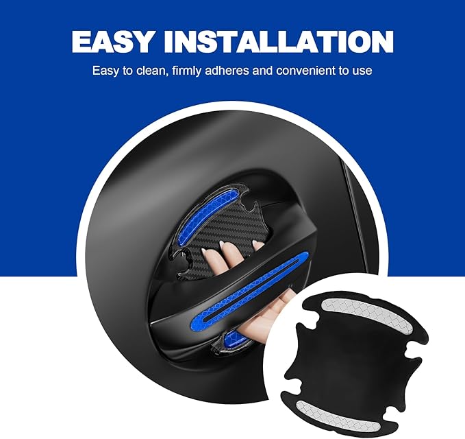 8PCS Universal Car Door Handle Protector Sticker - 3D Carbon Fiber Anti-Scratch Cover, Self-Adhesive & Non-Marking Reflective Safety Strips, Paint Protection Film (Blue)