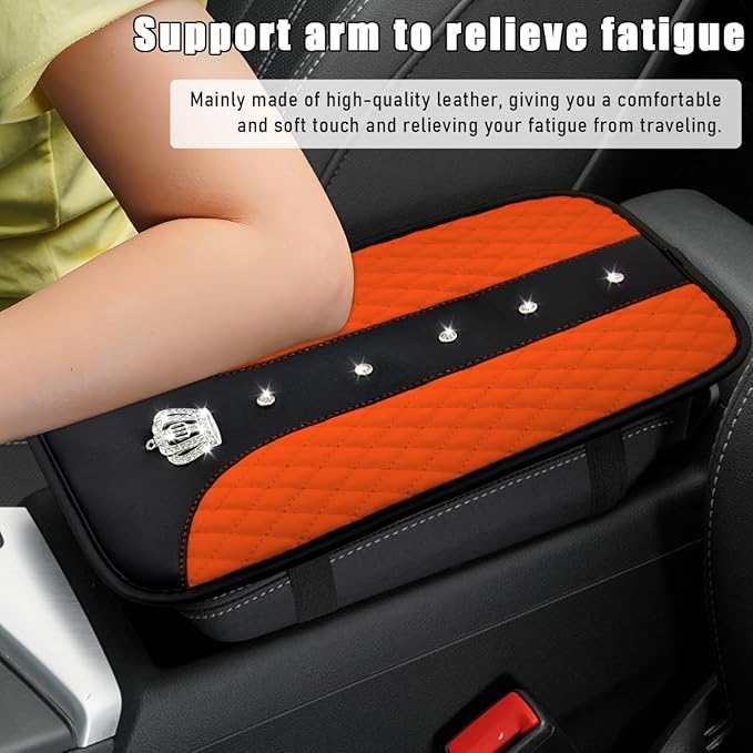 Bling Crown Car Center Console Mats, Anti-Slip and Waterproof Crystal Car Armrest Pad Protector, Universal Rustproof Armrest Decor Cushion for Cars & SUVs, Car Accessories (Orange)