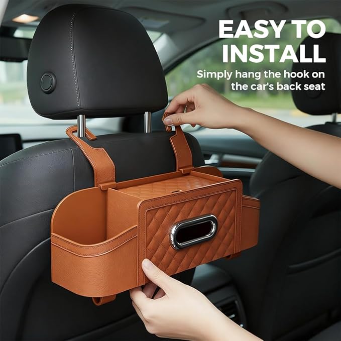 3-in-1 Car Backseat Organizer with Cup Holder Tissue Box and Hooks, Multifunctional Car Seat Back Storage Box, Car Organizers and Storage Box for Travel SUV Sedan Truck Car Accessories (Brown)