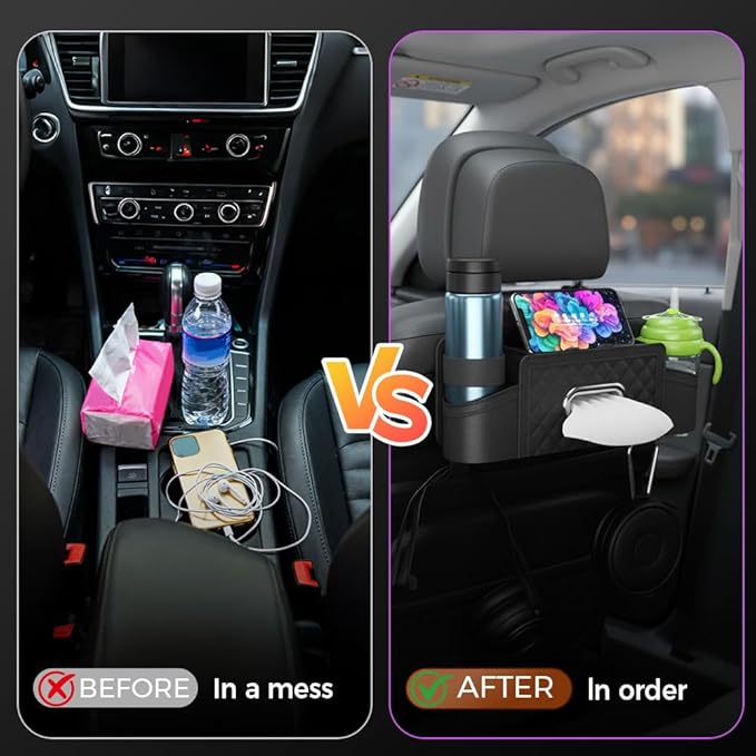 3-in-1 Car Backseat Organizer with Cup Holder Tissue Box and Hooks, Multifunctional Car Seat Back Storage Box, Car Organizers and Storage Box for Travel SUV Sedan Truck Car Accessories (Brown)