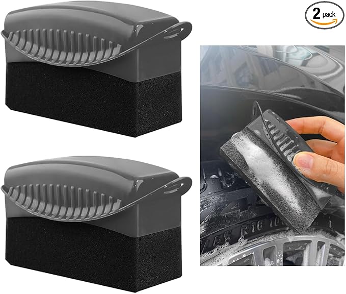 2 PCS Tire Shine Applicator, Flat Dressing Waxing Sponge Pads With Lid Cover, Reusable Polishing Cleaning Foam Applicators With Rectangular Box, Car Accessories (Gray)