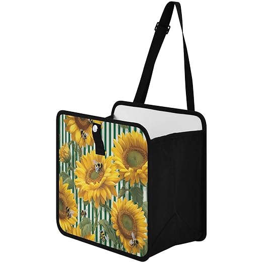 Car Trash Can Organizer Bin with Adjustable Strap for Back Front Seat Console Waterproof Leakproof Collapsible Portable 8.66 Inch Green Striped Sunflowers and Honey Bees