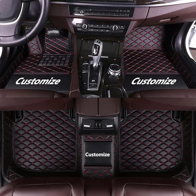 Customize Making Car Floor Mats for 99.99% Sedan SUV Pickup Truck Full Coverage Men Women Cute Leather Protection Pads Non-Slip Floor Liners (Black Red Thread)