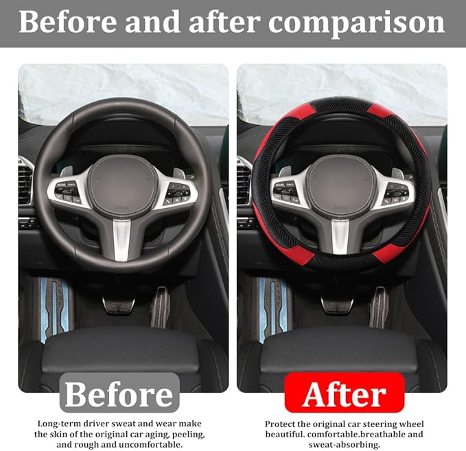 Car Steering Wheel Cover, Steering Wheel Protector, 15 inch Durable Leather Cover with Anti-Slip Lining, Universal Carbon Fiber Microfiber Leather Car Accessories for Most Cars (Black&Red)