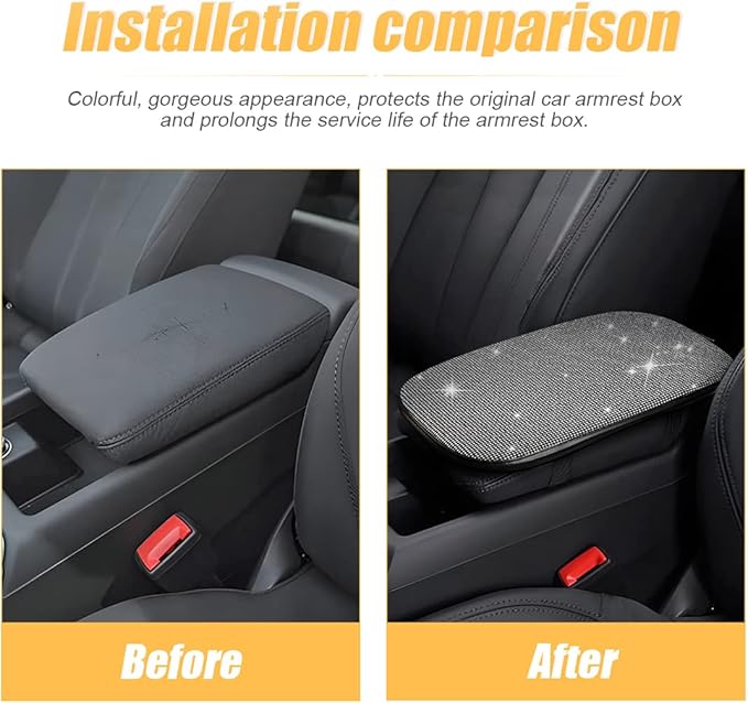 Bling Center Console Cover, Diamond Fashion ArmRest Pad, Crystal Soft Arm Rest Protective Cushion, Car Accessories for Women Girls, 11.8"×8.5" for Most of Vehicles, SUVs, Trucks (Black&White)