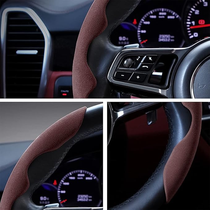 Car Steering Wheel Cover, Microfiber Suede Leather and Carbon Fiber Double Sided Design, Warm in Winter and Cool in Summer, Breathable Non Slip Segmented Protector for Most Cars (Turn Fur/Coffee)