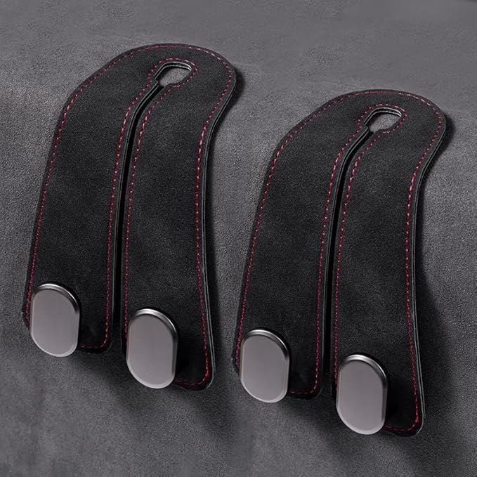 FEELIORX 2PCS Car hooks for headrests, Multifunctional luxury leather and magnesium alloy car seat backrests hooks and storage functions, (BLACK)
