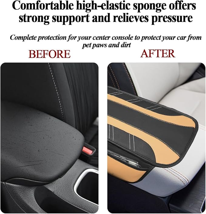 Car Center Console Cover, Soft Leather Sporty Armrest Protector Cushion with 2 Storage Pockets, Comfortable Auto Interior Middle Console Arm Rest Box Pad, Universal for Vehicles (Beige)
