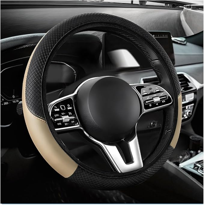 Car Steering Wheel Cover, 15 Inch Carbon Fiber Elastic Vehicle Steering Wheel Protector, Breathable Leather Auto Wheel Covers for Women Men, Interior Car Accessories (Beige, AD)
