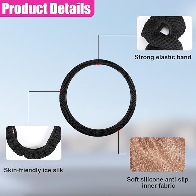 Elastic Stretch Steering Wheel Cover, Anti-Slip 15 inch Microfiber Odorless Breathable Ice Silk Car Steering Wheel Protector, Easy Carry, Warm in Winter & Cool in Summer (Black)