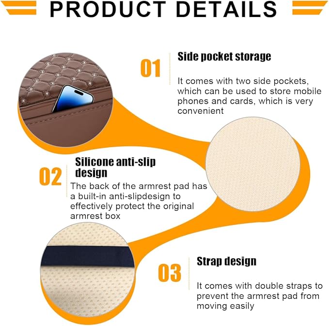 Bling Car Center Console Cover, Leather Crystal Rhinestone Vehicle Armrest Cushion Pad with Side Storage Bags, Scratch Resistant Auto Middle Console Protection Mat, Universal Fit (Coffee)