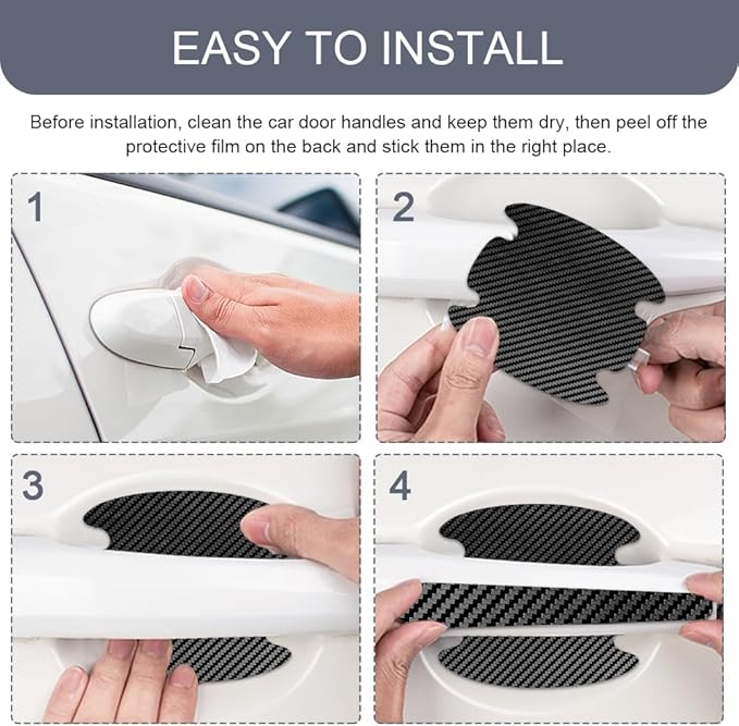 8PCS Car Door Handle Scratch Protector, Car Door Handle Sticker, Carbon Fiber Auto Doors Handles Paint Guard Cover, Waterproof Auto Paint Guard Protective Films Fit for Most Vehicles (Black)