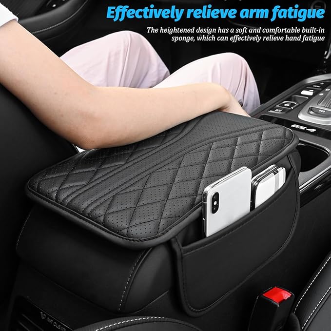 Car Center Console Cover, Leather Vehicle Armrest Box Pad with 2 Storage Bags, Automotive Interior Arm Rest Cushion Protector Accessories, Universal for SUV Sedan Truck (Gray)