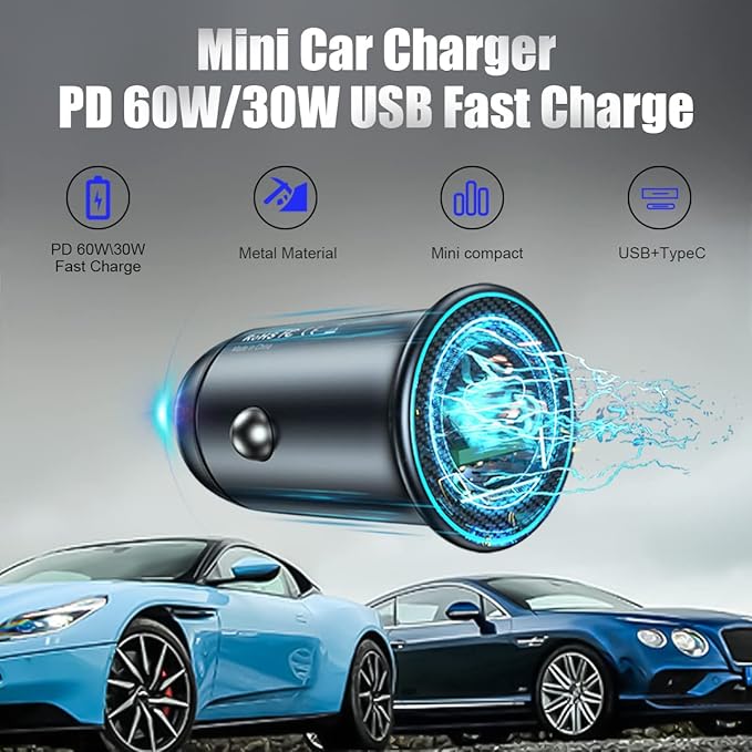 USB-C Car Charger Adapter, Dual Ports Fast Charging PD 60W + QC3.0 30W Mini All-Metal Cigarette Lighter USB Charger Universal for iPhone13/Pro Max/12/XS Max/11 Pro, Samsung, Car Accessories