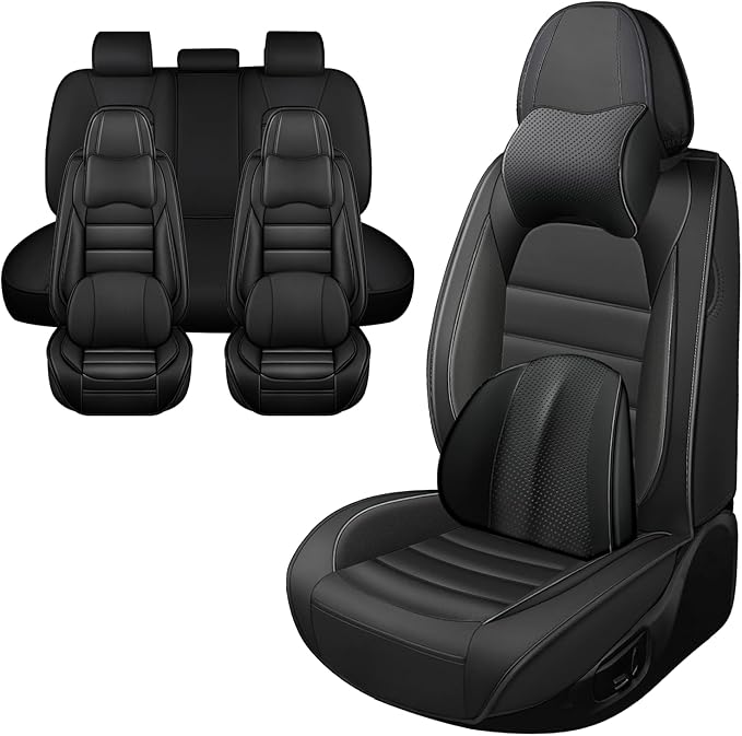 Iceleather Luxury Car Seat Covers for Ford Edge 2007-2025,Waterproof Soft Breathable PU Leather Seat Cover with Storage Pockets(Classic Black,Full Set with Pillow)
