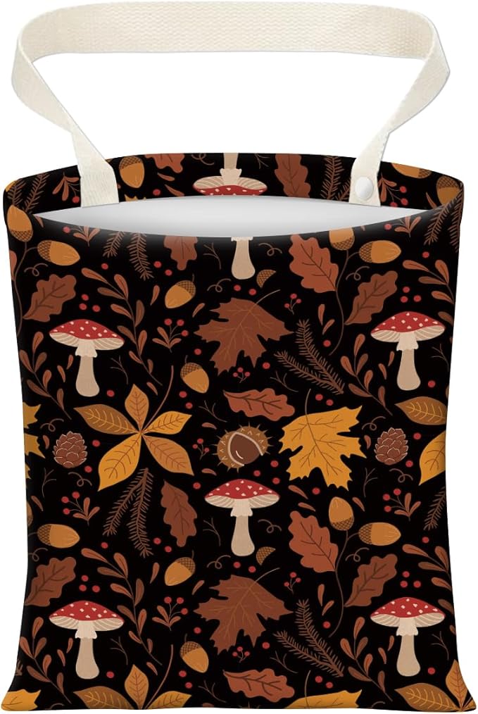 AXZOPDE Cute Car Trash Can, Hanging Canvas Car Back Seat Organizer and Storage Bag, Funny Car Trash Bag for Travelling, Outdoor Cute Boho Mushroom Leaf