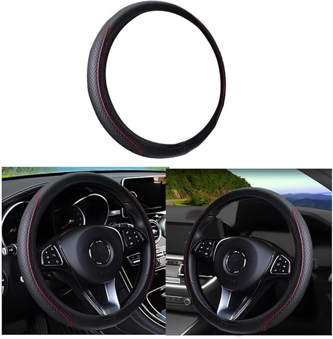Leather Car Steering Wheel Cover, Elastic, Breathable Anti-Slip, Universal 15 inch, Steering Wheel Cover for Men Women (Black/Red)