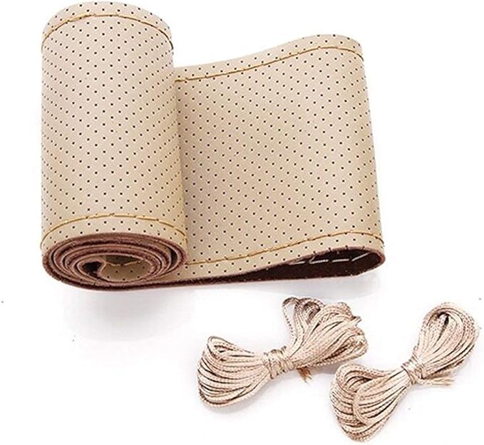 BELINOUS Universal Leather Car Steering Wheel Cover, Stitch On Wrap (Size M5, Light Beige)