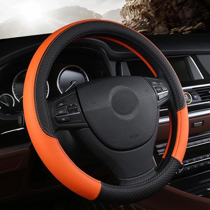 Steering Wheel Cover for VW Volkswagen Taos 2022 2023 2024 2025, Leather Easy Installation Car Interior Accessories Breathable Auto Protector Non Slip Grip,Orange