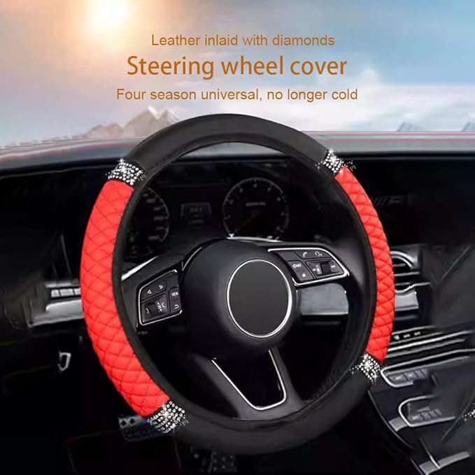WLERIR Microfiber Leather Steering Wheel Cover with Anti-Slip Lining Universal Car Accessory for Steering Wheel with a Diameter of 14.5-15 inch (Red)