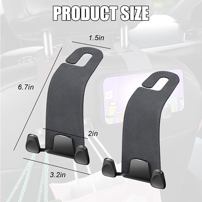 Car Seat Headrest Hook, 2PCS Leather & Metal Double Hook Vehicle Back Seat Hanger Holder for Phone Handbag Purse, Automobile Storage Organizer, Universal for Van Truck Sedan (Grey)
