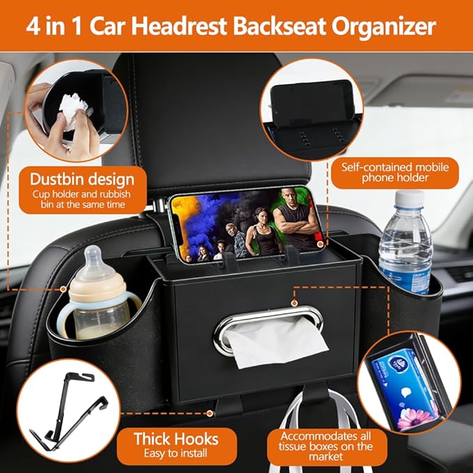 Back Seat Car Organizer with Car Seat Storage Hanging Bag, 4 in 1 Multifunctional Car Seat Back Storage Box, Car Organizer Back Seat with Tray, Hold Phone,Snacks, Drinks, Handbag