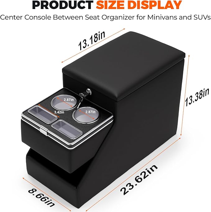 Center Console Between Seat Organizer for Minivans, SUVs, Middle Van Console Floor Console Organizer Storage Box with Phone Holder& Cup Holders for Minivans Console Organizer Storage Box with Locking