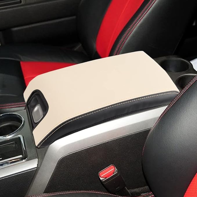 XITER 1PC Leather Center Console Armrest Box Cover Waterproof Cushion Pad for F150 2009-2014 Not Fit Jump Seat Console(Beige+Black)