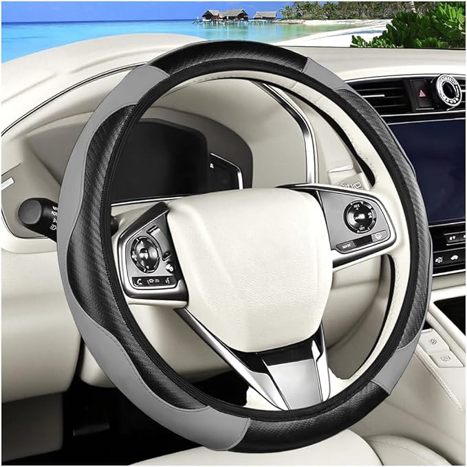 Carbon Fiber Car Steering Wheel Cover, 14.5-15 Inch Elastic Stretch Steering Wheel Guard, Sports Style Non-Slip Automotive Interior Accessories, Universal for Vehicles (Black/Gray)