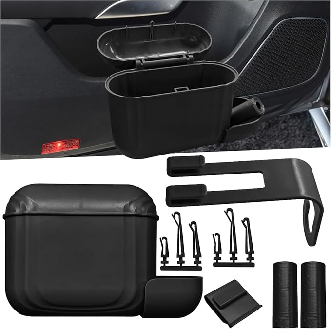 Car Trash Can with Lid, Hanging Leakproof Vehicle Garbage Bin, Auto Back Seat Organizer Dustbin with 2 Rolls of Trash Bags, Versatile Storage Accessory for Car Air Vent, Side Door (Black)