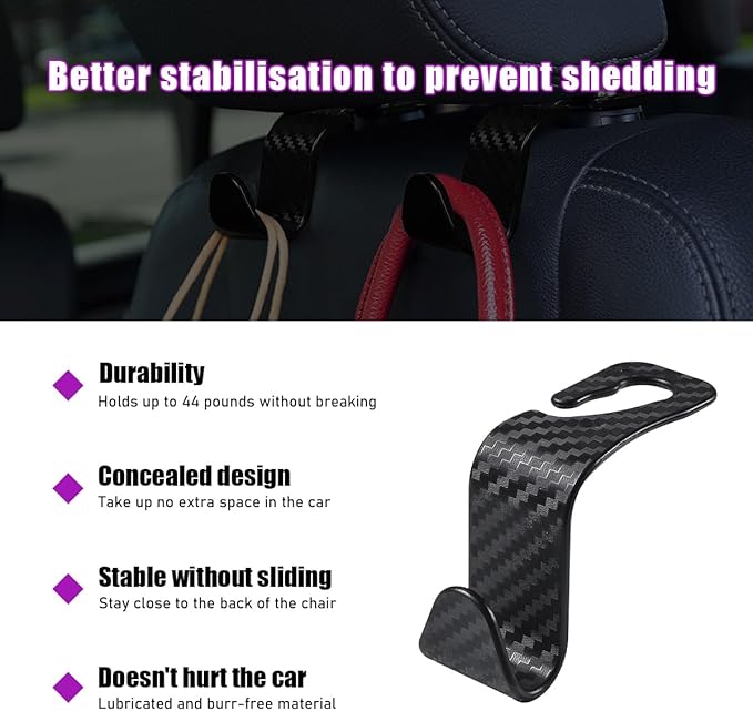 4 PCS Car Seat Headrest Hooks, Auto Backseat Organizer Hanger Holder, Vehicle Seat Back Storage Hooks for Purse Coat Umbrella Grocery Bag Handbag, Interior Car Accessories (Carbon Fiber)