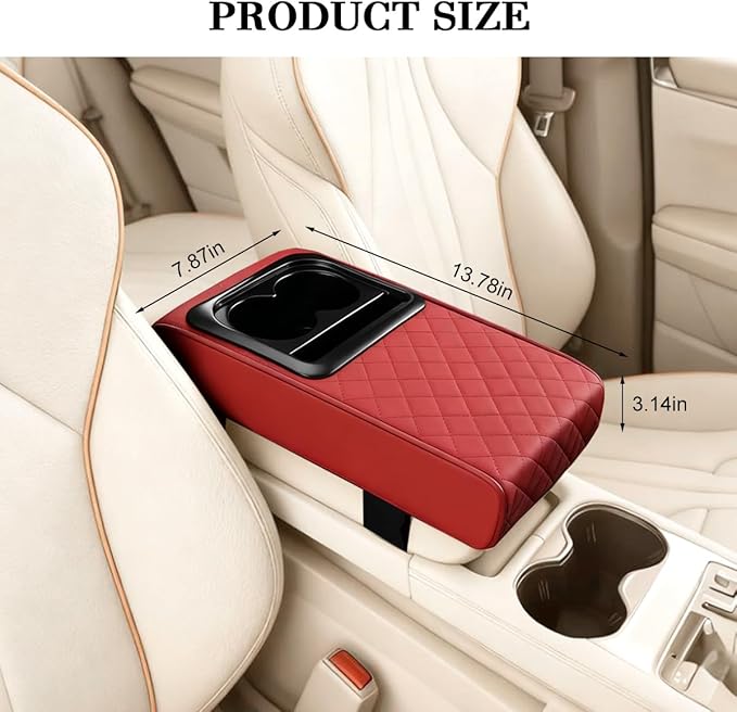 Car Center Console Armrest Pillow, Leather Vehicle Middle Console Protection Cushion with Cup & Phone Holder, Waterproof Automotive Arm Rest Box Cover, Universal Fit (Wine Red Rhombus)