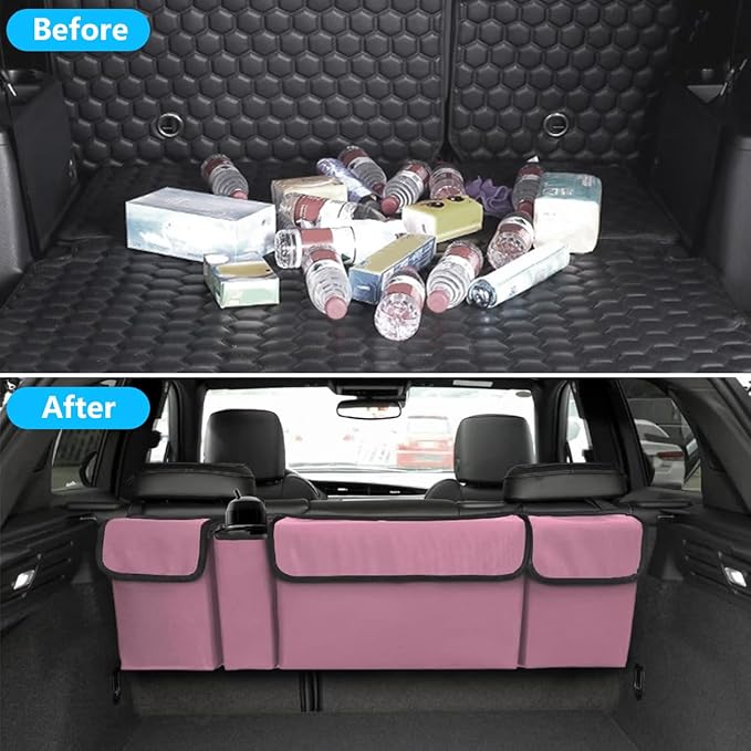 Car Trunk Organizer, Collapsible Large Capacity Auto Backseat Hanging Storage Bag with Adjustable Strap & 4 Pockets, Space Saving Car Back Seat Cargo Bag, Universal for Vehicles (Pink)