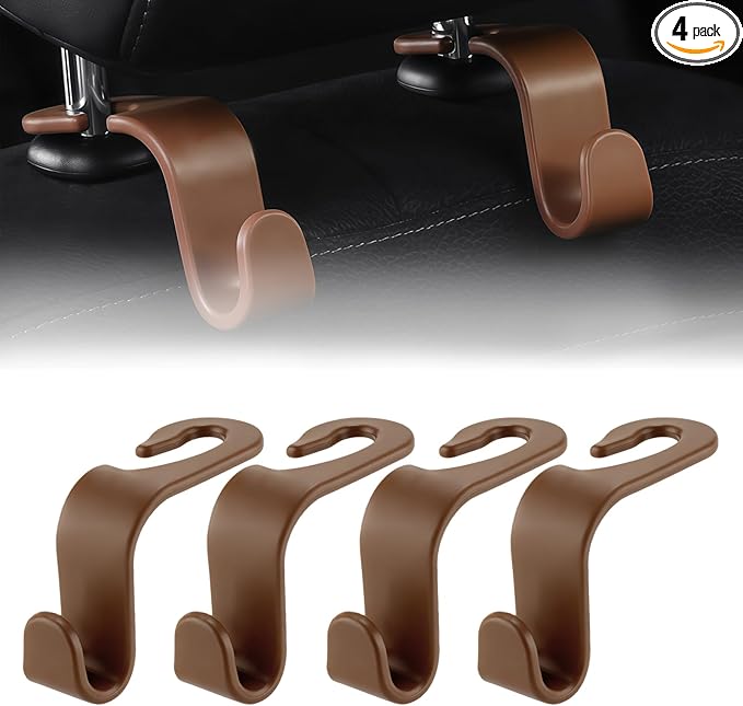 4 PCS Car Headrest Hooks - 360 Rotatable Auto Back Seat Storage Organizer, Universal Vehicle Car Organization Hangers for Purses, Bags, Cloths & Water Bottles Hook Seat Accessories, Brown