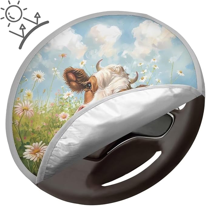 Cow Grass Daisy Flower Pattern Steering Wheel Sun Shade Cover Keep Cool in Summer Steering Wheel Sun Shade Cooling Cover for Car Truck Van SUV Steering Wheels Accessories