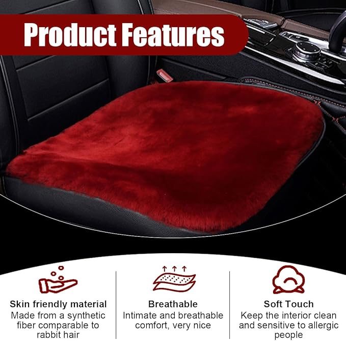 Sheepskin Car Seat Cushion, Soft Comfort Winter Driver Seat Cover, Fluffy Faux Fur Front Seat Pad, Car Seat Protector Pad for Office Chair, Universal Interior Accessory for Car SUV Truck (Wine Red)