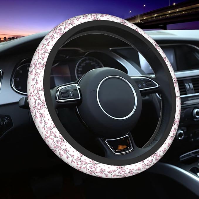 Swono Steering Wheel Cover for Men Women Watercolor Flower Branch of Cherry Blossom Flower Pink Universal 15 Inch Anti-Slip Odorless Breathable Car Wheel Protector