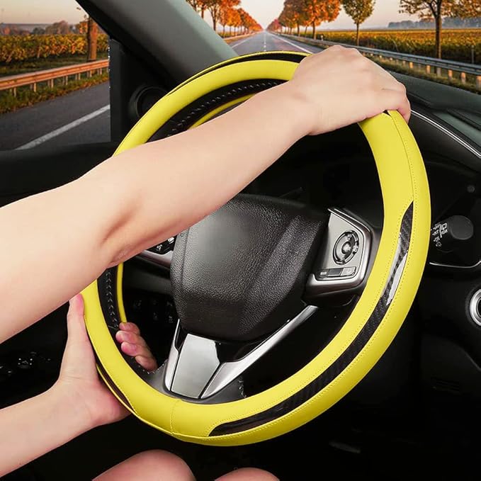 New Leather Car Steering Wheel Cover, Non-Slip Car Wheel Cover Protector Breathable Microfiber Leather Universal Fit for Most Cars(Yeiiow)