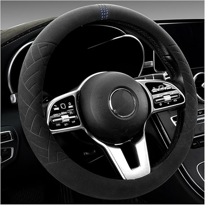 Car Suede Steering Wheel Cover, Non-Slip Protector for Auto Steering Wheel with Grid of The Correction Marker, Breathable Universal Automotive Accessories, Fitting 14.5-15 inch
