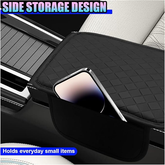 Leather Car Center Console Cover, Anti-Scratch Auto Middle Console Protective Cushion with 2 Storage Bags, Universal Waterproof Vehicle Armrest Pad Accessory for Sedan, SUV, Truck (Black)