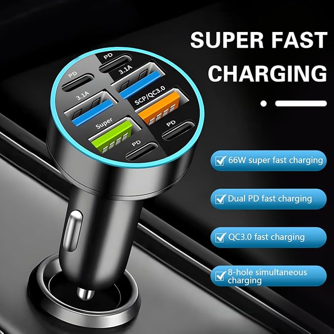 8 Ports 66W Car Charger, 12-24V Super Fast Charging with USB 3.1A PD&QC 3.0 with LED Voltmeter for Cigarette Lighter Plug, Compatible with All Smartphone, Universal Auto Accessories