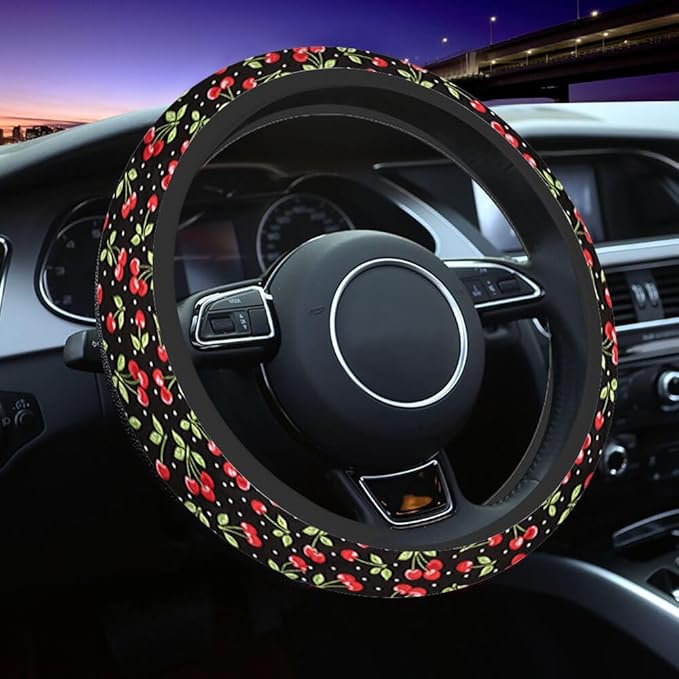 Cherry Steering Wheel Cover Red Cherry on Black Background Steering Wheel Cover for Women Men Anti-Slip Breathable Steering Wheel Protector Car Accessories