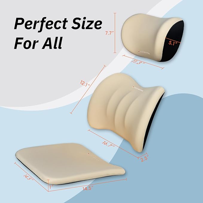 GEEYONTEK Car Seat Cushion with Neck Pillow & Lumbar Support Kit Back Sciatica Tailbone Pain Relief Car Pillows Ergonomic Memory Foam Back Support for Driving Seat Office Chair Wheelchair Beige