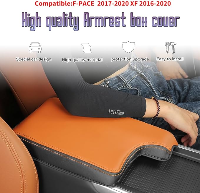 Custom Interior Accessories for F-PACE FPACE/XF 2017 2018 2019 2020 PU Leather Center Console Armrest Box Cover Armrest Cushion Central Armrest Protector Pad(Black with White Stitching)
